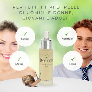 Bioluma Bava di Lumaca Pura 30ml 100% Made in Italy Idratante Lenitivo Antiage per Viso Collo Decolletè Purificante Normalizzante Coadiuvante Trattamento Rughe Pelle Secca Grassa Mista