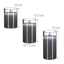 Carica l'immagine nel visualizzatore di Gallery, Relaxdays Candele a LED, Set da 3 con Funzione Timer e Telecomando, Cera Vera, Fiamma Oscillante Finta, Vetro, Grigio