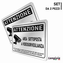 Carica l'immagine nel visualizzatore di Gallery, 2 PEZZI Cartello Area Videosorvegliata in Alluminio Spazzolato 22cm x 15cm Spessore 1mm con Adesivo e 4 Fori| Elegante p