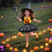 Carica l'immagine nel visualizzatore di Gallery, Vestito Halloween Bambina Gonna Tulle Nero,Vestito Strega Bambina Con Cappello Strega E Scopa,Costumi Halloween Bambini 