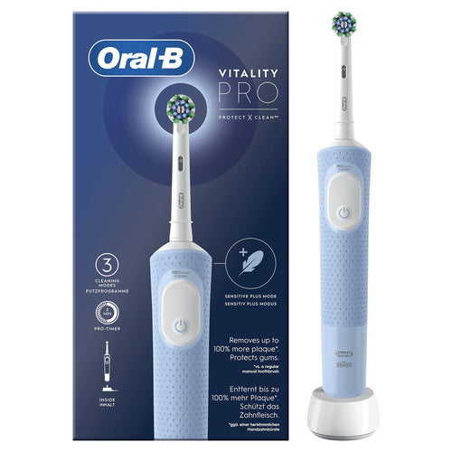 Oral-B Spazzolino Elettrico Ricaricabile Vitality Pro, 3 Modalità di Spazzolamento, Batteria a Lunga Durata, 1 Testina e 1 Spazzolino, Bianco e Blu, Idea Regalo
