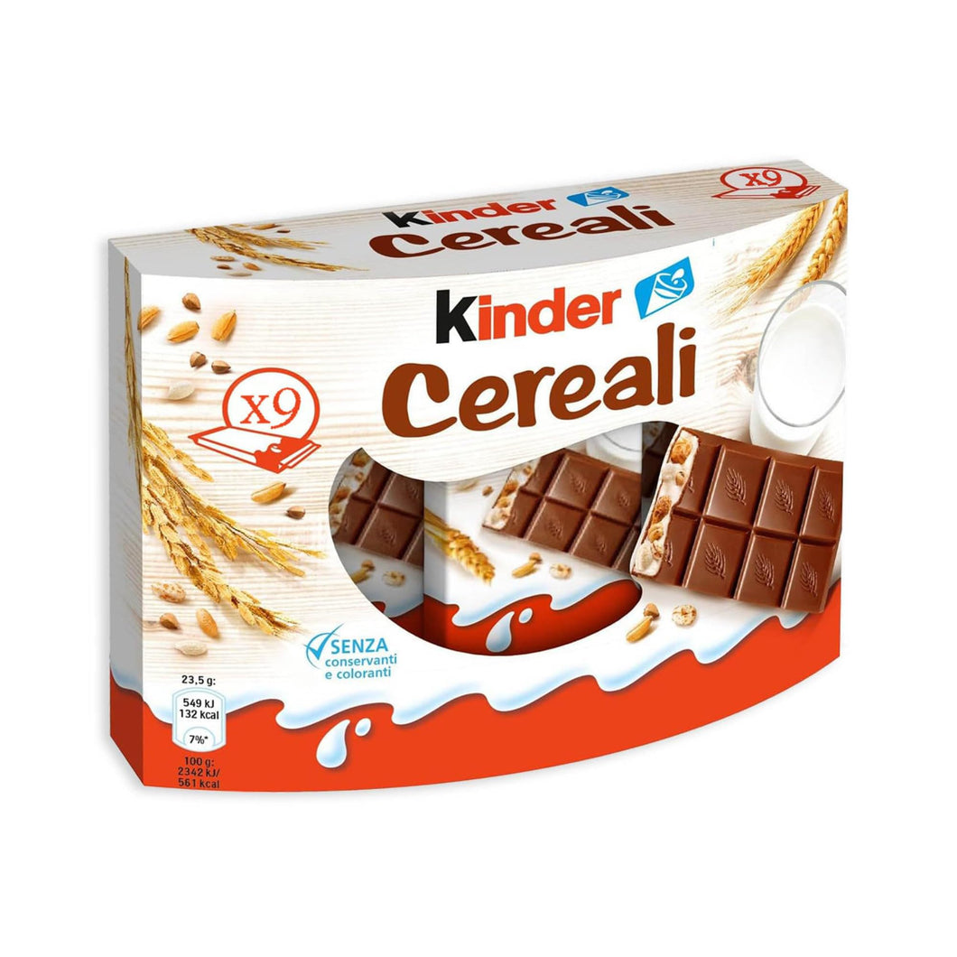 Kinder Cereali, 9 Tavolette di Cioccolato Puro Cacao, Snack Dolce Ripieno al Latte e 5 Cereali Soffiati e Tostati, 211.5 gr