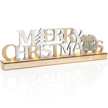 Carica l'immagine nel visualizzatore di Gallery, COM-FOUR® Scritta natalizia illuminata LED su base in legno - scritta decorativa da posare per Natale - luce d'atmosfera con timer (color argento)