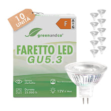 Carica l'immagine nel visualizzatore di Gallery, greenandco 10x Faretti LED 12V GU5.3 3000K, 5W 430lm, senza sfarfallio