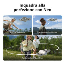 Carica l&#39;immagine nel visualizzatore di Gallery, DJI Neo, mini drone con fotocamera UHD 4K per adulti, 135g drone follow me che mi segue, decollo dalla mano, tracciamento IA del soggetto, QuickShot, video stabilizzati, (senza radiocomando)