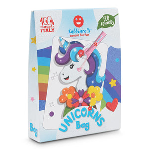 Sabbiarelli Sand-it For Fun - Bag Unicorns - Set Lavoretti Creativi: Colora con la Sabbia gli unicorni, 12 colori, Regalino di Compleanno Bambini Anni 5+