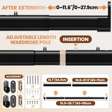 Carica l'immagine nel visualizzatore di Gallery, Mavivegue Asta per guardaroba, da 42 a 101 cm, asta regolabile in acciaio inox, asta appendiabiti resistente da 28 mm, per lavanderia, camper, armadio, nero
