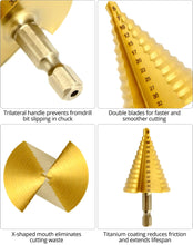 Carica l'immagine nel visualizzatore di Gallery, QWORK® 5-Taglie Fresa Conica Punte Coniche Rivestito in Titanio - HSS 4241-4-12mm/3-13mm/4-20mm/5-35mm/4-32mm per Lastre