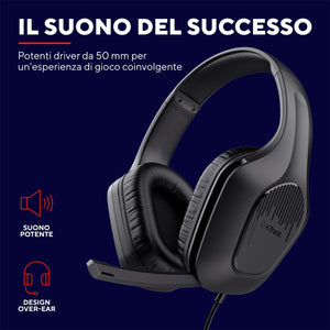 Trust Gaming GXT 415 Zirox Cuffie Gaming Leggere con Driver da 50 mm per PC, Xbox, PS4, PS5, Switch, Mobile, Jack Audio 3.5 mm, Cavo 2m, Cuffie con Microfono Over-Ear - Nero