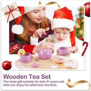 AOLEVA Set da Tè Giocattoli in Legno, Set Cucina Legno Bambini Accessori Cucina Giocattolo Servizio da Tè Gioco di Imitazione Regalo per Bambini Bambina 3 4 5 Anni