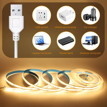 Carica l&#39;immagine nel visualizzatore di Gallery, BERIXDEEP Striscia LED COB 1 Metri con Cavo USB 1.5 m, larghezza 8 mm, CRI 92+, 5 V per retroilluminazione TV, testiera, sottopensile, Striscia LED Bianco Caldo per illuminazione Aggiuntiva, 3000K