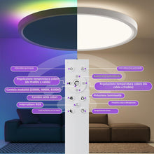 Carica l'immagine nel visualizzatore di Gallery, Plafoniera Led Soffitto, 24W 2160LM Lampada da Soffitto con Telecomando, Moderno 3000K-6500K 7 RGB Colore Plafoniere da 