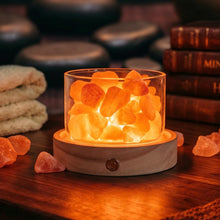 Carica l'immagine nel visualizzatore di Gallery, Lampada di Sale Himalayano senza fili, dimmerabile base legno calotta vetro