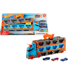 Carica l'immagine nel visualizzatore di Gallery, Hot Wheels - Camion Trasportatore 2 in 1, Trasportatore e Pista con 3 Auto in Scala 1:64 per Bambini da 4 a 8 Anni, HGH33, Imballaggio Sostenibile