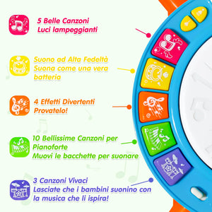 Tamburo Giochi Bambini 1 Anno - Strumenti Musicali Giocattoli Bambino 1 2 Anno Batteria Bambini Elettronico con Filastrocche Neonati Idea Natale Regalo Gioco Bambino Bimba 1 2 Anno Anni