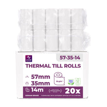 Carica l&#39;immagine nel visualizzatore di Gallery, Rotoli Pos 57mm x 14m x 12mm - Rotolo di carta termica per ricevute bancomat – Rotolini per dispositivi pos 57x35x12 (20 Rotoli)