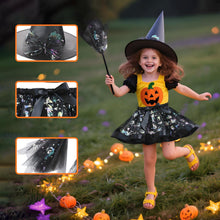 Carica l'immagine nel visualizzatore di Gallery, Vestito Halloween Bambina Gonna Tulle Nero,Vestito Strega Bambina Con Cappello Strega E Scopa,Costumi Halloween Bambini 
