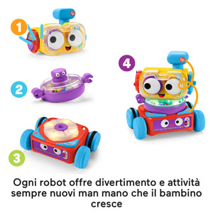 Fisher-Price - Tino Robottino 4-in-1, Bambini Giocatolo Educativo con Tecnologia Smart Stages con Oltre 120 Suoni, Edizione Italiana, Giocattolo per Bambini 6+ Mesi HDJ16