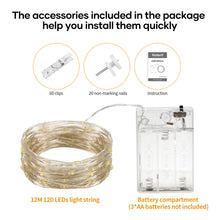 Carica l'immagine nel visualizzatore di Gallery, Luci per Foto, 12M Lucine LED Decorative per Camere Filo con Mollette 60 Clip, Luci LED a Batteria per Parete Camera Natale Feste Matrimonio Compleanni - Bianco Caldo