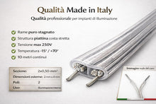 Carica l'immagine nel visualizzatore di Gallery, Cavo Piattina Trasparente 2x0,50 mm² SOTTILE – Matassa 10 Metri – Rame Puro – Ideale per Lampade, Lumi e Lampadari – 250