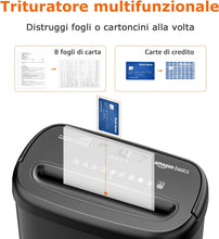 Carica l'immagine nel visualizzatore di Gallery, Amazon Basics - Distruggidocumenti con Taglio Incrociato, 8 Fogli, con Finestra Trasparente, per Documenti e Carte di Credito, Cestino da 14L, Nero