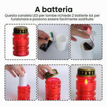Carica l'immagine nel visualizzatore di Gallery, Candele funerali a LED rosse, 4 pezzi, IP44, impermeabili, per esterni, con effetto tremolante, a batteria, per cimitero
