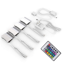 Carica l'immagine nel visualizzatore di Gallery, B.K.Licht Set illuminazione LED per ripiani in vetro, 4 Clip LED RGB, Illuminazione vetrinette, incl. telecomando RGB co