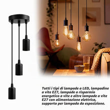 Carica l'immagine nel visualizzatore di Gallery, Lampadario a sospensione a 3 teste: lampada a sospensione nera vintage, 3 luci, attacco E27, lampada da soffitto regolab