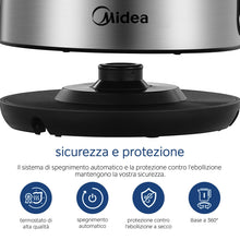Carica l&#39;immagine nel visualizzatore di Gallery, Midea Bollitore Elettrico 1,7L, Acciaio Inox, Kettle senza BPA, 2200 W, Bollitore Acqua con indicatore del livello dell&#39;acqua, indicatore LED, Base di rotazione a 360°