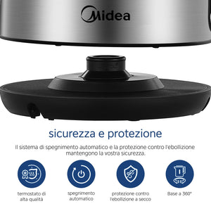 Midea Bollitore Elettrico 1,7L, Acciaio Inox, Kettle senza BPA, 2200 W, Bollitore Acqua con indicatore del livello dell'acqua, indicatore LED, Base di rotazione a 360°