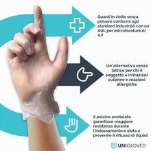 Carica l'immagine nel visualizzatore di Gallery, Unigloves Unicare Guanti Monouso, Multiuso in Vinile, Senza Polvere, Senza Lattice, Peso Medio, confezione da 100 Guanti