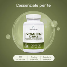 Carica l'immagine nel visualizzatore di Gallery, Bandini® Vitamina D3 K2 | 365 COMPRESSE (12 Mesi) | Vitamina D 2000 UI +
