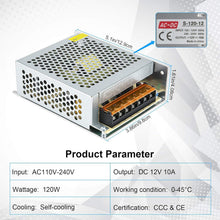 Carica l'immagine nel visualizzatore di Gallery, SQUADO ALIMENTATORE 12V 10A 100-220V STABILIZZATO SWITCH TRIMMER DISSIPATORE INTERNO per luci led, fai da te