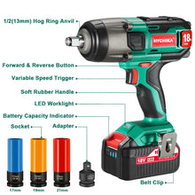 Carica l&#39;immagine nel visualizzatore di Gallery, Avvitatore a Impulsi 18V, HYCHIKA 350Nm Avvitatori a Massa Battente 3000 IPM, 4.0Ah Batteria 18V, 3x Chiavi A Bussola per 17/19/21mm, Caricatore, Mandrino 13mm (1/2&quot;)