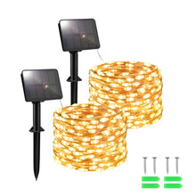 Carica l'immagine nel visualizzatore di Gallery, Catena di luci solari per esterni, 100 LED, 5 m x 2 pezzi, per esterni, resistente alle intemperie, 8 modalità per decor