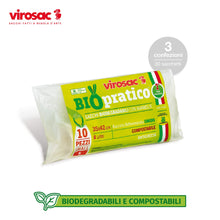 Carica l'immagine nel visualizzatore di Gallery, VIROSAC Biopratico - Sacchetti Per Rifiuti Biodegradabili 35x42, con maniglie estraibili, 10 pezzi per rotolo, kit da 3 
