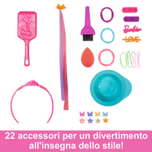 Carica l&#39;immagine nel visualizzatore di Gallery, Barbie - Super Chioma Hairstyle Capelli Arcobaleno, testa pettinabile con capelli biondi e ciocche arcobaleno fluo da acconciare, con accessori Color Reveal, giocattolo per bambini, 3+ anni, HMD78