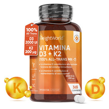 Carica l'immagine nel visualizzatore di Gallery, Vitamina D3 K2, Vitamina D 2000 UI + 200μg Vitamina K2 MK7, 365 Compresse Senza Magnesio Stearato, Vitamina D3 + Vitamina K2 100% All-Trans Biodisponibile, Sistema Immunitario, Ossa, Denti, Muscoli