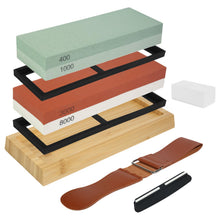 Carica l'immagine nel visualizzatore di Gallery, Pietra Affilacoltelli Giapponese 8-in-1 – Set 400/1000 &amp; 3000/8000 per Affilare Coltelli, Supporto Antiscivolo in Bambù,