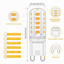 Carica l'immagine nel visualizzatore di Gallery, Lampadine LED G9 5W Equivalente 40W Lampada Alogena, Bianco Caldo 3000K, AC220-240V Non Dimmerabile Nessun Sfarfallio G9