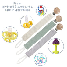 Carica l'immagine nel visualizzatore di Gallery, RUBY 3PCS Kit Catenella in Tessuto Porta Ciuccio Neonato,Cotone, con Clip, Legno Faggio Naturale, Set Catenina (Verde-3)