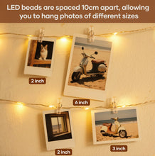 Carica l'immagine nel visualizzatore di Gallery, Luci per Foto, 12M Lucine LED Decorative per Camere Filo con Mollette 60 Clip, Luci LED a Batteria per Parete Camera Natale Feste Matrimonio Compleanni - Bianco Caldo