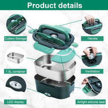 Carica l&#39;immagine nel visualizzatore di Gallery, GENTRE Lunch Box elettrico 12V/24V/220V/110V per auto, camion, ufficio e casa, Scaldavivande in acciaio inossidabile da 1,5L Contenitore termico per alimenti con forchetta e cucchiaio Borsa