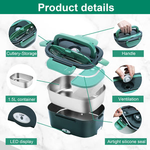 GENTRE Lunch Box elettrico 12V/24V/220V/110V per auto, camion, ufficio e casa, Scaldavivande in acciaio inossidabile da 1,5L Contenitore termico per alimenti con forchetta e cucchiaio Borsa