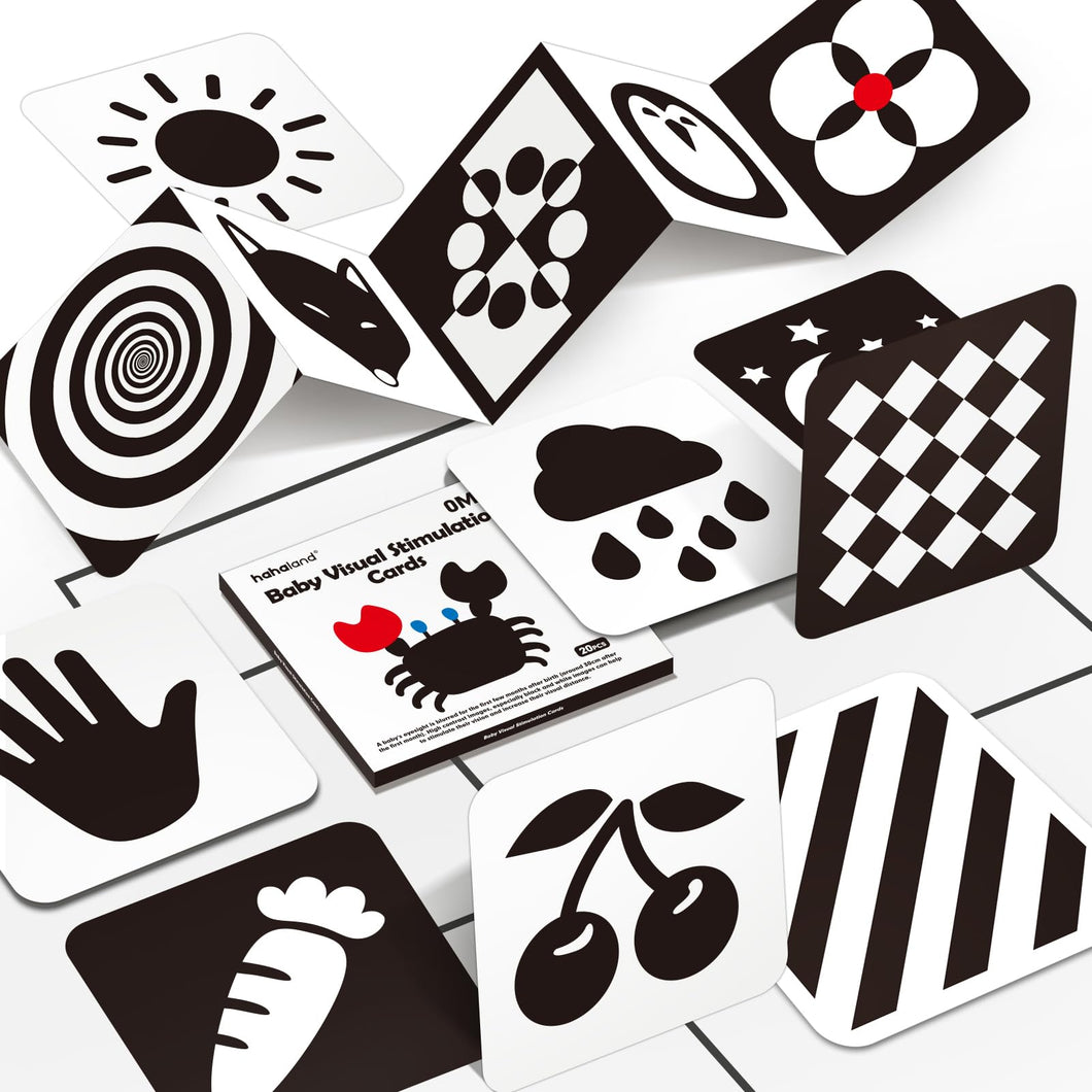 hahaland Carta Stimolazione Sensoriale Visiva, Flash Cards Neonati, Giochi Neonato 0-3-6 Mesi Carta Nero Bianco Alto Contrasto, 20 Pezzi 40 Immagini