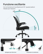 Carica l'immagine nel visualizzatore di Gallery, SONGMICS Sedia da Ufficio, Girevole, di Rete, da Computer Ergonomica, Supporto Lombare Imbottito, Funzione Oscillante, Seduta 53 cm, Braccioli Pieghevoli, Nero OBN37BK