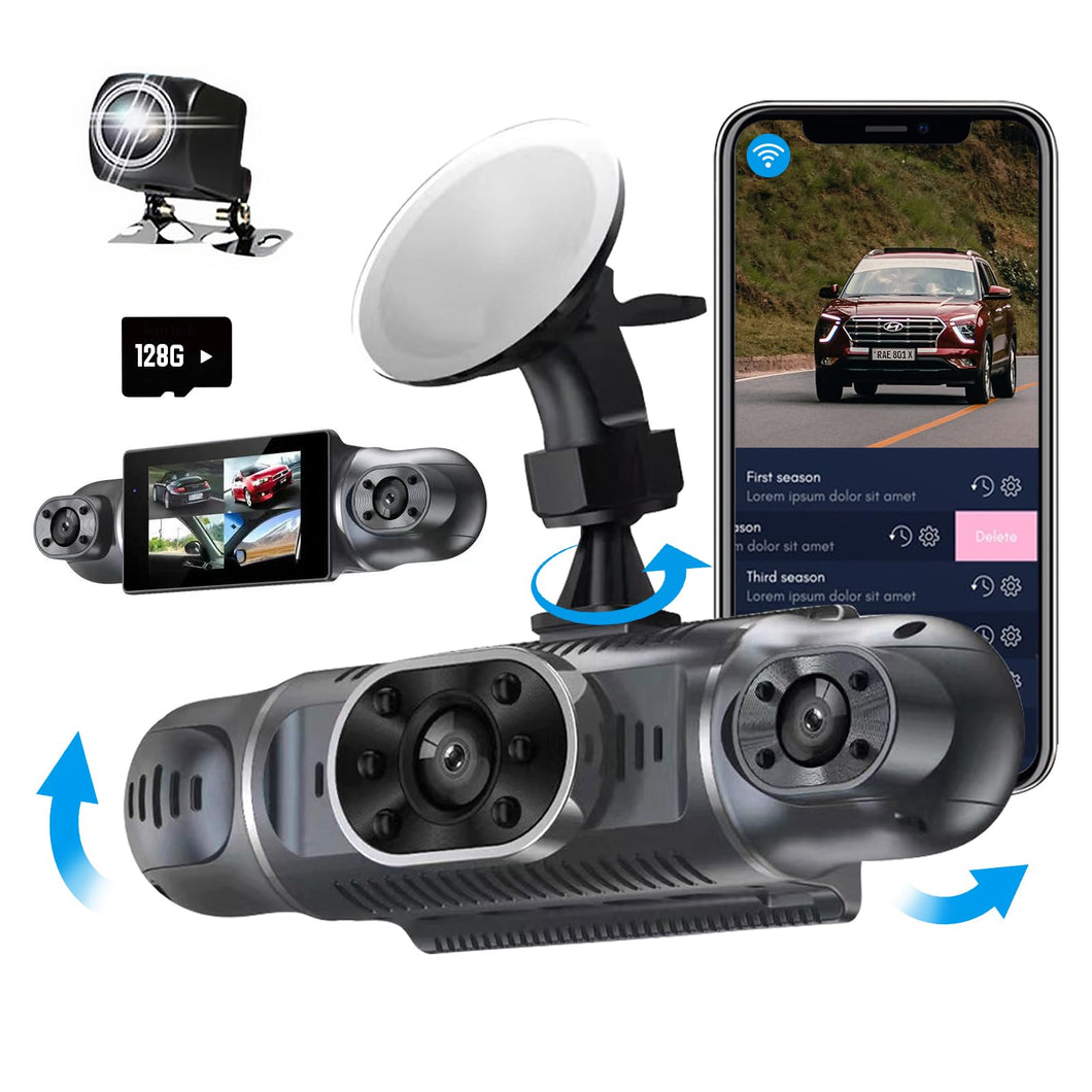 Dash Cam Auto 360 Gradi, con 4 Telecamere 1080P Anteriore e Posteriore Sinistra Destra, Dashcam Auto con WiFi, Parcheggio 24 ore, Telecamera Auto Atti Vandalici con Visione Notturna con 128 GB