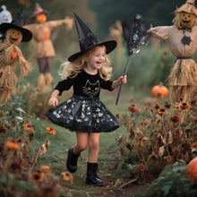 Carica l'immagine nel visualizzatore di Gallery, Vestito Halloween Bambina Gonna Tulle Nero,Vestito Strega Bambina Con Cappello Strega E Scopa,Costumi Halloween Bambini 