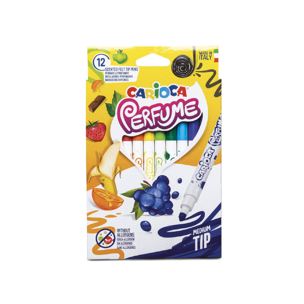 Carioca Pennarelli Perfume, 12 Pennarelli Profumati con Inchiostro Profumato e Lavabile, Profumazioni di Aromi Naturali, Anallergici, Adatti per Bambini, Pennarelli con Punta Bloccata