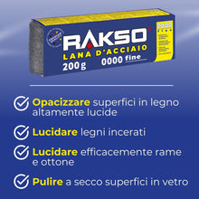 Carica l'immagine nel visualizzatore di Gallery, RAKSO Lana di Acciaio Extrafine 0000, 200g, 1 Fascia, lucidare legni incerati, pulire a secco superfici in vetro, lucida